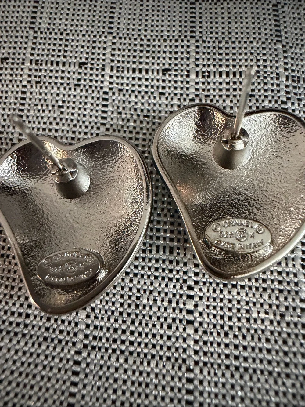CHANEL White and Silver Heart Double C Accent Pair
